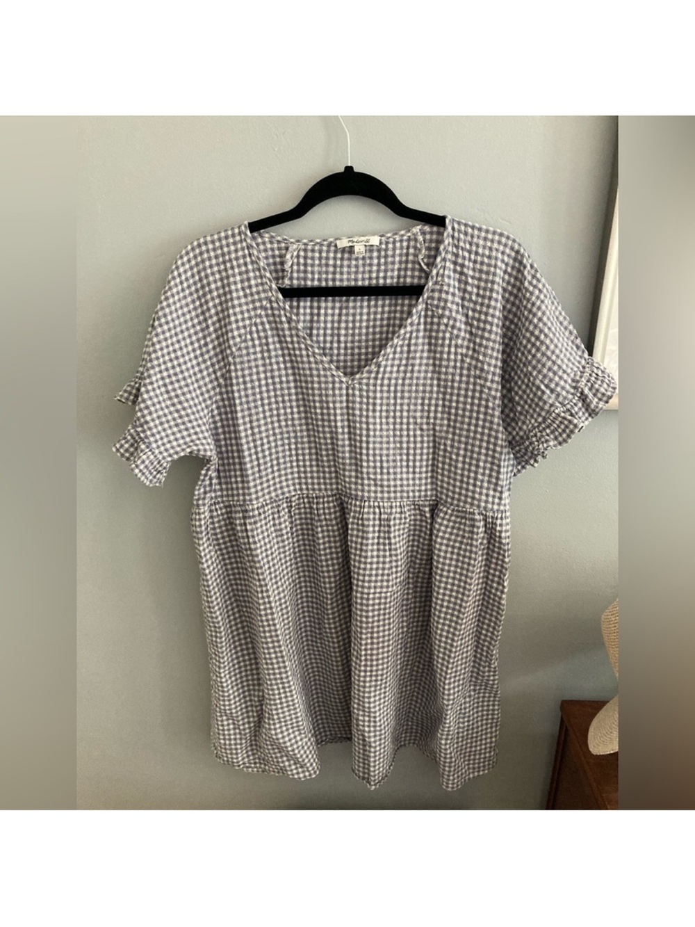 Madewell Gray & White Gingham V-Neck Babydoll Tunic